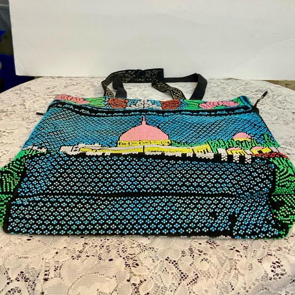 Vintage, Jerusalem, Colorful Beaded Tote Handbag 14in L x 12in H x 3.5in W - Picture 8 of 12